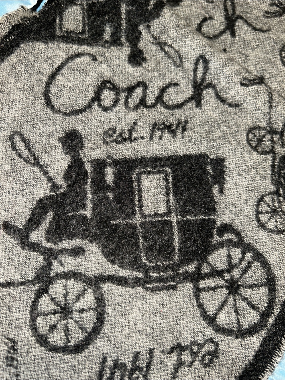 Coach Black and Gray Carriage Motif Woven Fringe Scarf